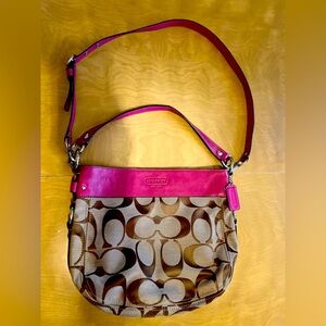 Coach Zoe Convertible Crossbody Hobo Bag - Hot Pink and Tan